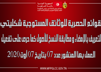القوائم الحصرية للوثائق المستوجبة شكليّتَي التعريف بالإمضاء ومطابقة النسخ للأصول كما حرص على تفعيل العمل بها المنشور عدد 7 الصادر بتاريخ 7 أوت 2020 وضبطها الأمر الحكومي عدد 1067 لسنة 2018
