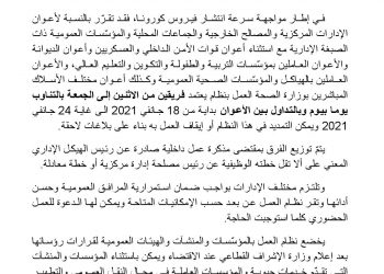 بلاغ حول نظام العمل الاستثنائي للفترة الممتدة بين 18 و24 جانفي 2021